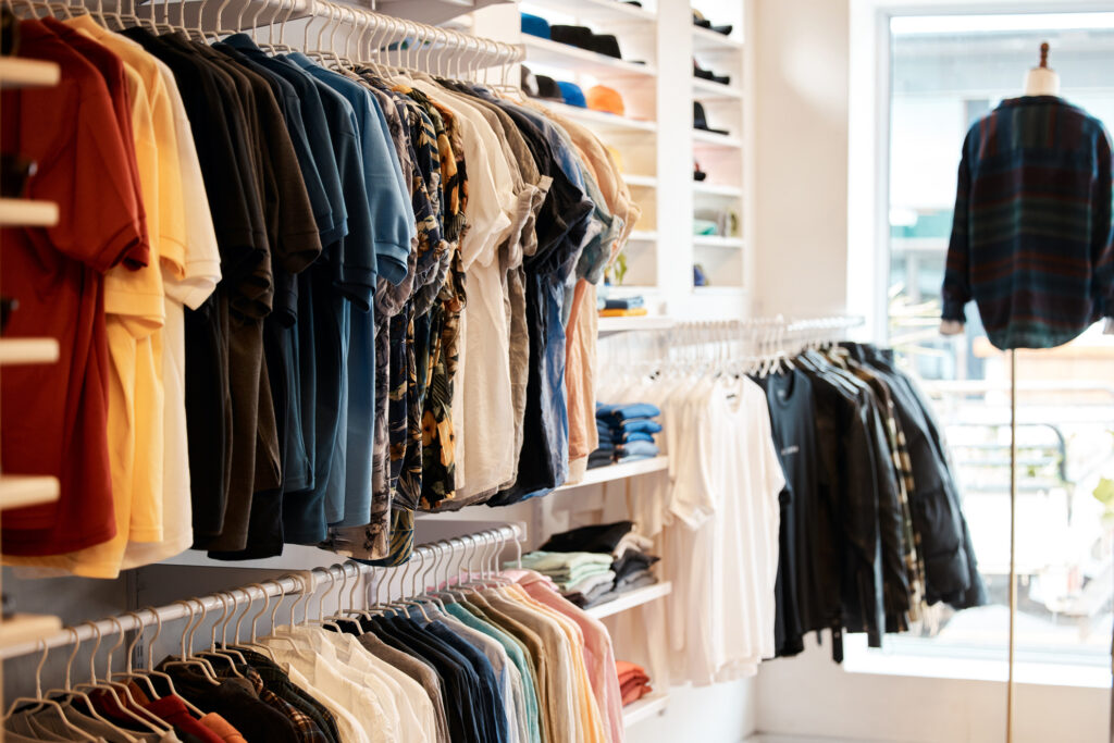 Shot of an empty clothing boutique with the latest clothing selection.