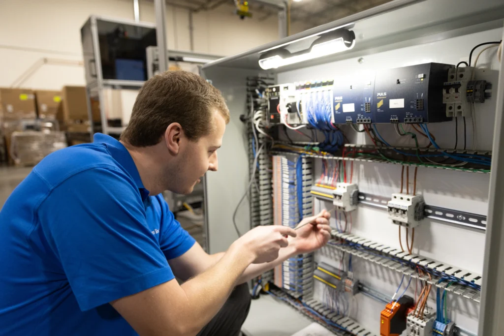 A man working on Integrated Controls Hardware