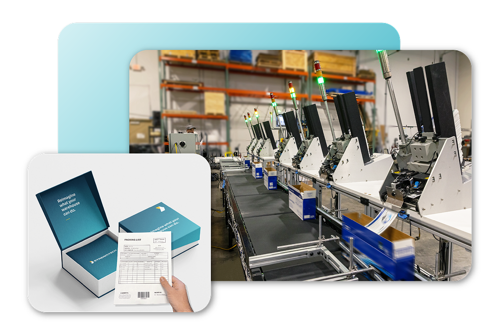 Machines automatically inserting cards and branded materials into boxes