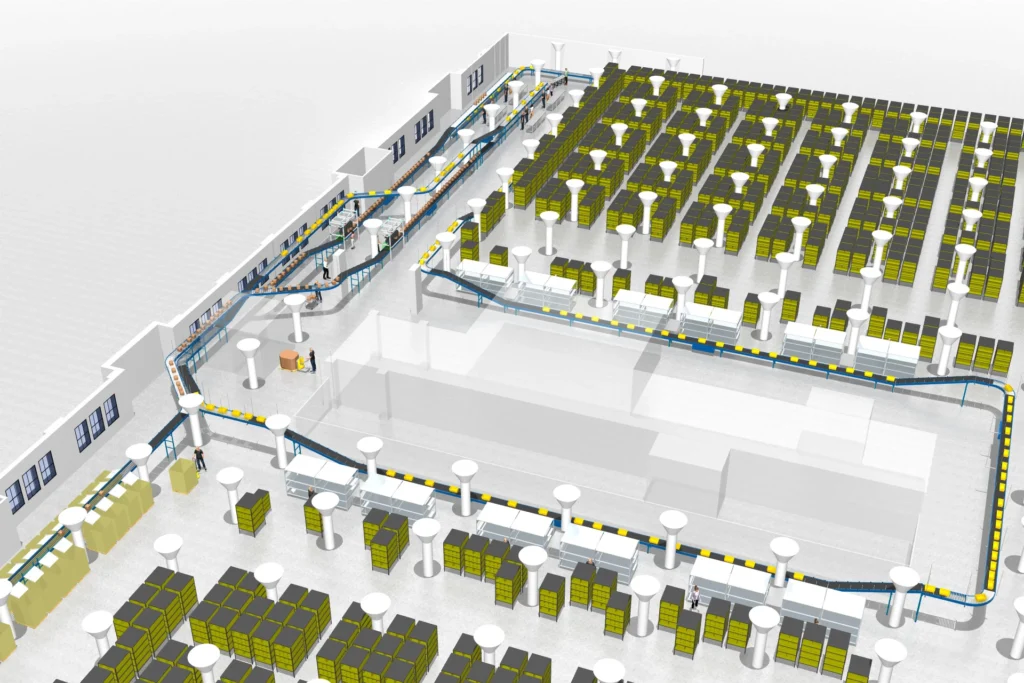 A 3D rendering of a warehouse project assessment