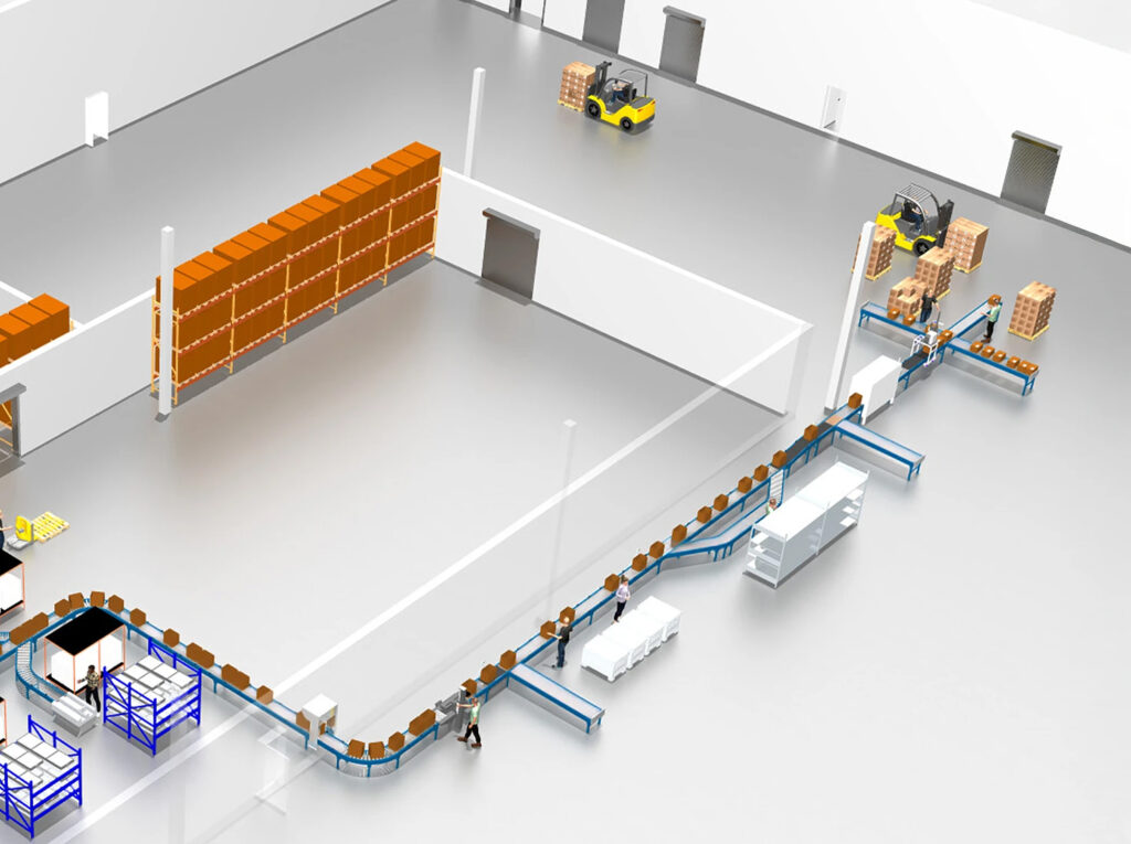 A 3D rendering of a packing and shipping auto sealer system