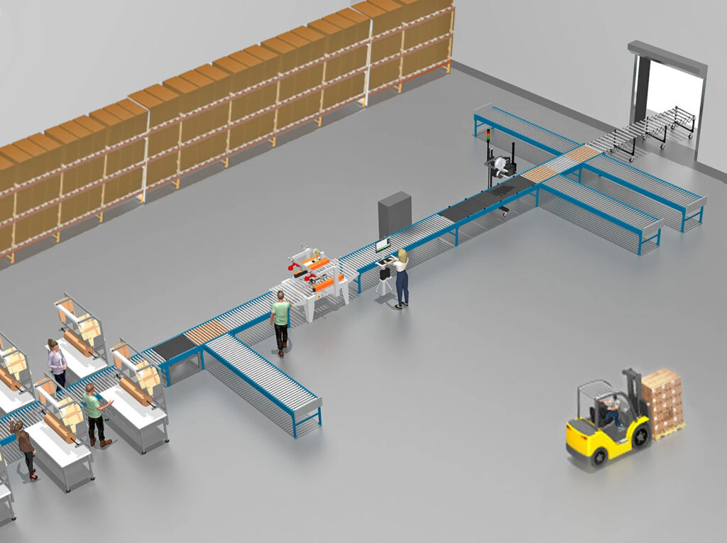 3D rendering of a distribution fulfillment system with print and apply machines